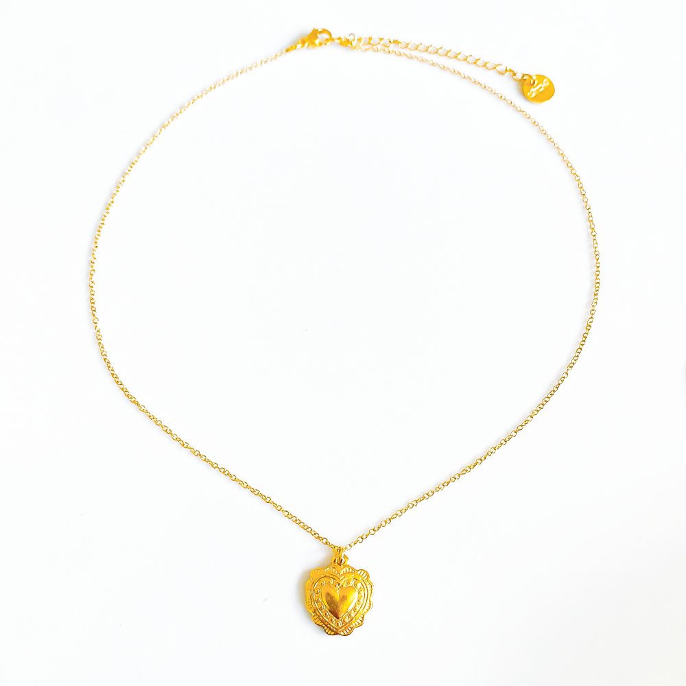 Un collier ex-voto en acier inoxydable, orné d'un cœur délicatement ciselé, capturant l'essence de l'amour et de la dévotion. Sa finition brillante reflète la lumière, ajoutant une touche d'éclat à toute tenue.
