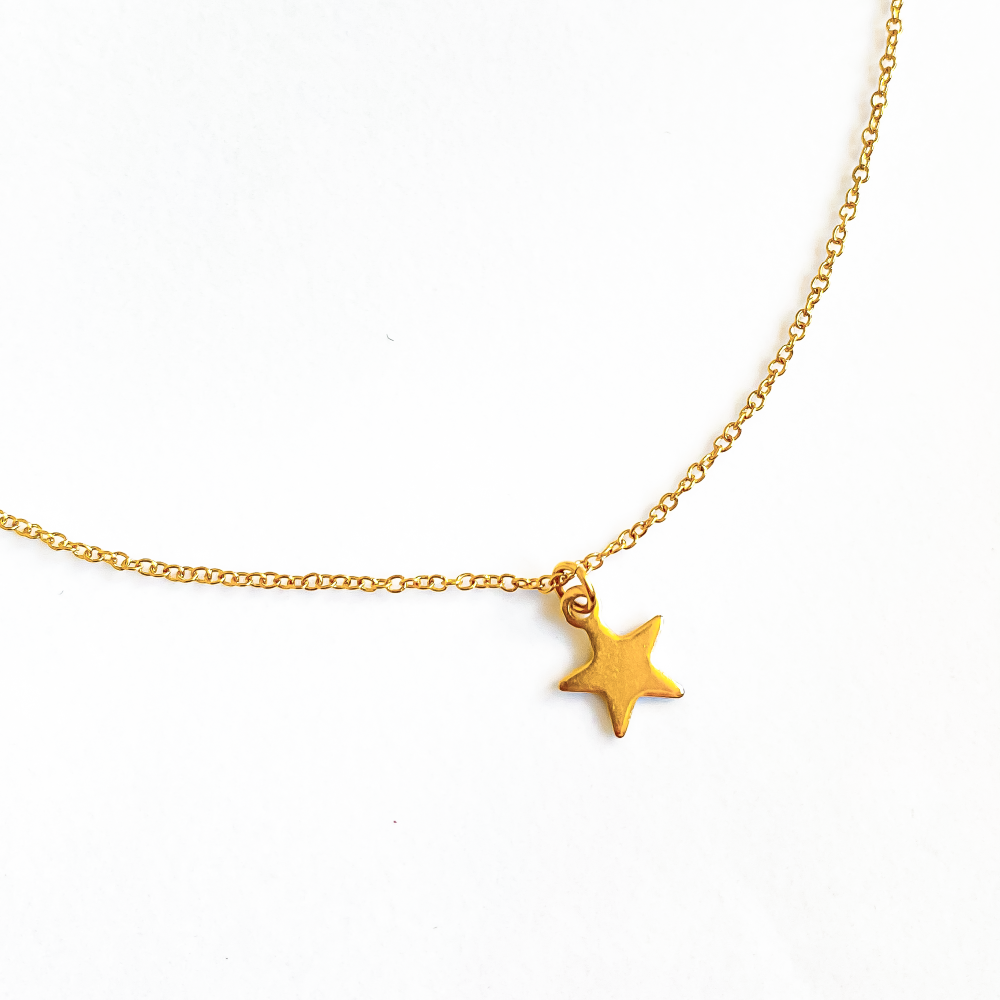 Sur la photo, un collier en acier inoxydable brille sous la lumière, mettant en valeur un pendentif étoile doré suspendu avec élégance. L'acier poli contraste magnifiquement avec l'éclat doré de l'étoile, créant un équilibre entre modernité et sophistication.