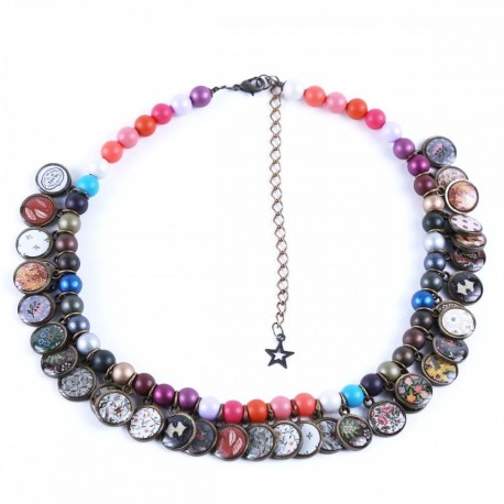 Collier médailles Toile de Jouy multi