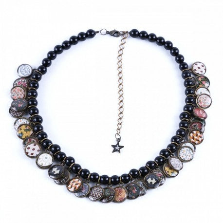 Collier médailles Toile de Jouy noir
