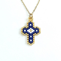 Collier croix perlée Rainbow Mary marine