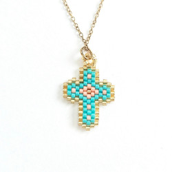 Collier croix perlée Rainbow Mary turquoise