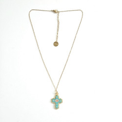 Collier croix perlée Rainbow Mary turquoise