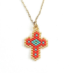 Collier croix perlée Rainbow Mary rouge