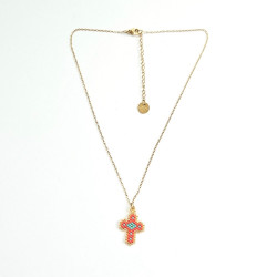 Collier croix perlée Rainbow Mary rouge