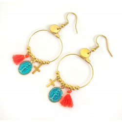 Créoles  Rainbow Mary Médailles précieuses Turquoise