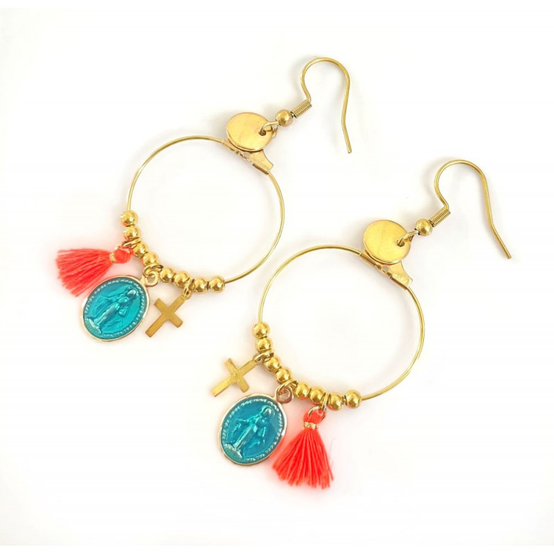 Créoles  Rainbow Mary Médailles précieuses Turquoise