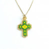 Collier croix perlée Rainbow Mary vert