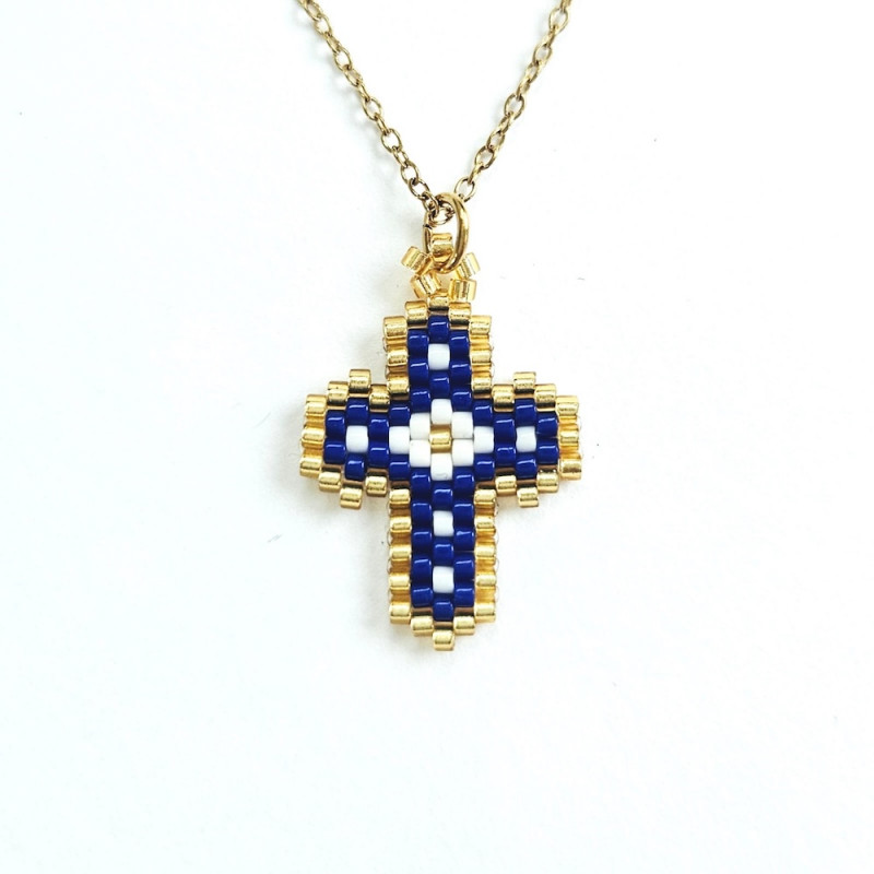 Collier croix perlée Rainbow Mary marine