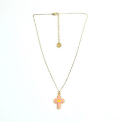 Collier croix perlée Rainbow Mary rose