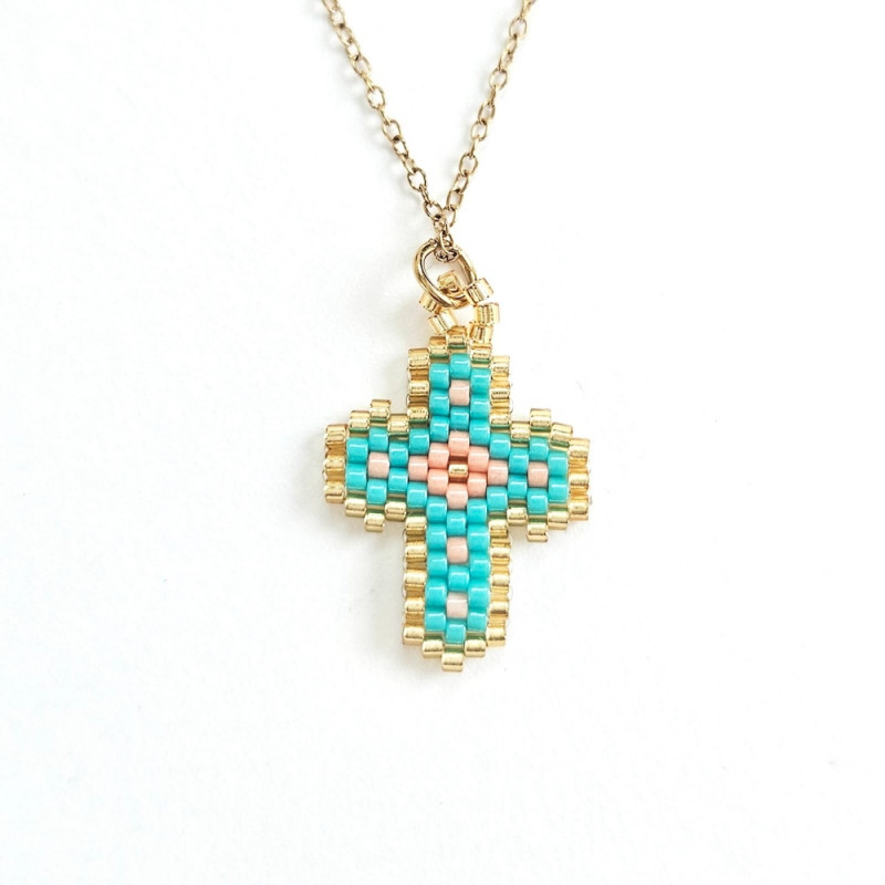 Rainbow Mary Turquoise Beaded Cross Necklace