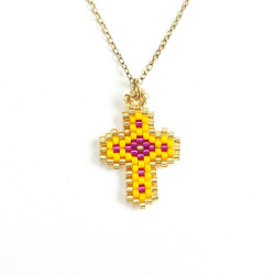 Rainbow Mary Yellow Beaded Cross Necklace