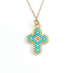 Rainbow Mary Turquoise Beaded Cross Necklace