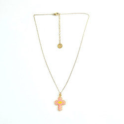Rainbow Mary Pink Beaded Cross Necklace