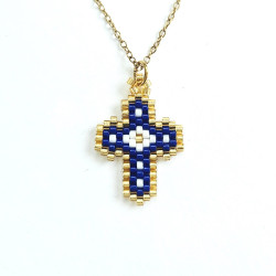 Collier croix perlée Rainbow Mary marine