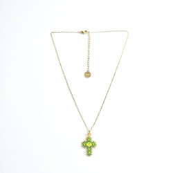 Collier croix perlée Rainbow Mary vert