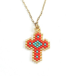 Collier croix perlée Rainbow Mary rouge
