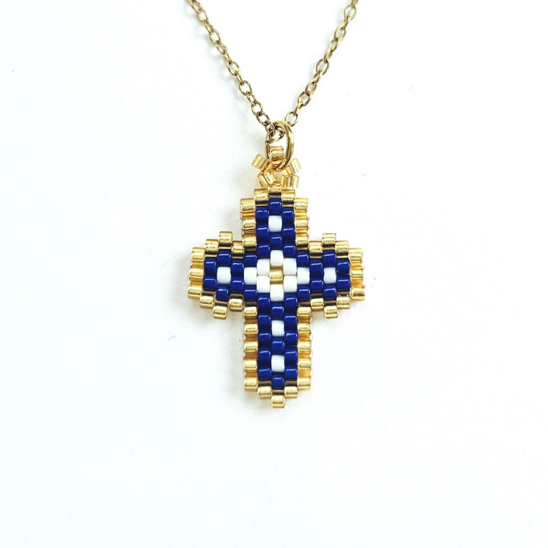 Collier croix perlée Rainbow Mary marine