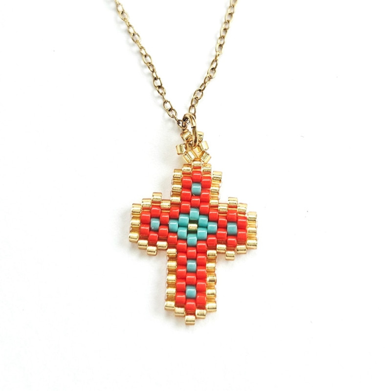 Rainbow Mary Red Beaded Cross Necklace